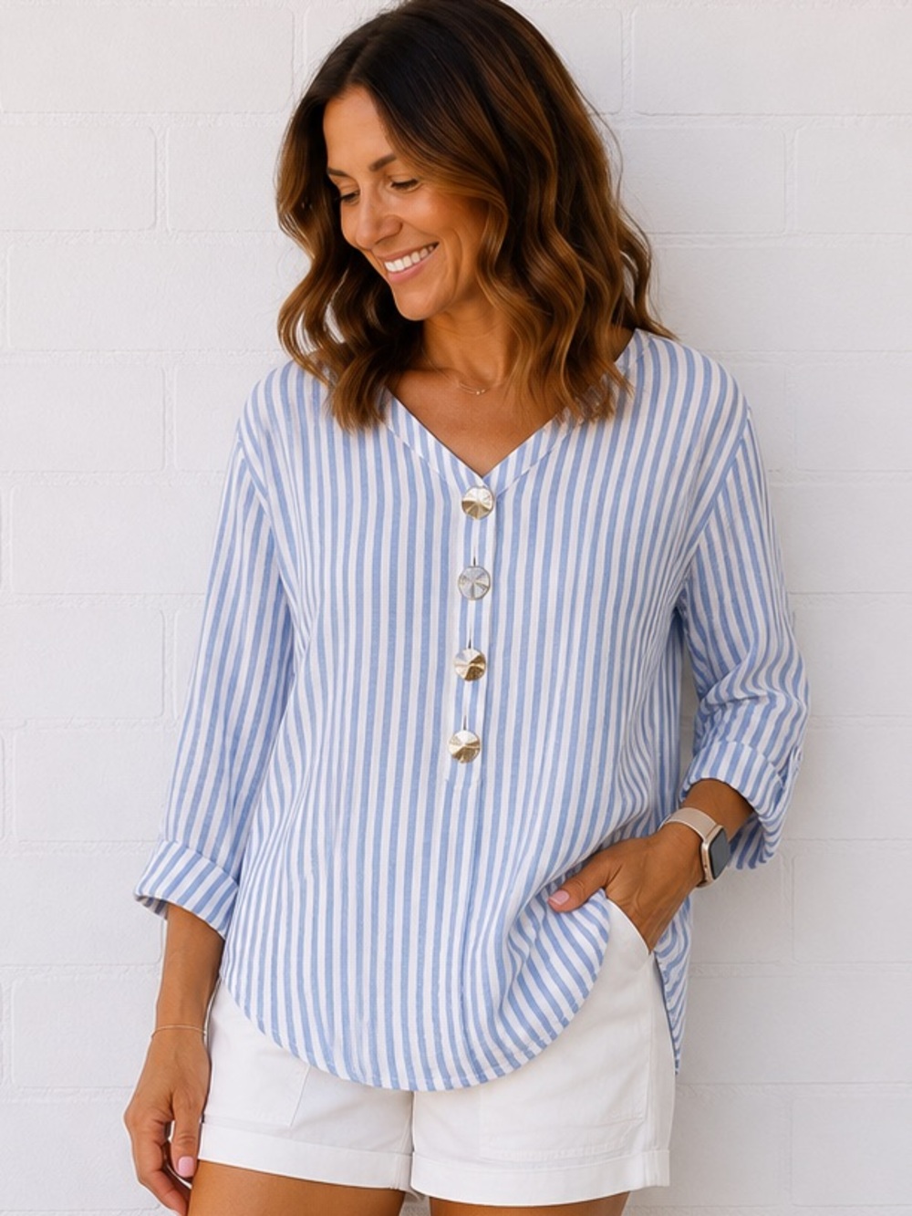 Zara Blue & White Striped Linen Blend Tunic Blouse - Medium - Coastal Preppy
